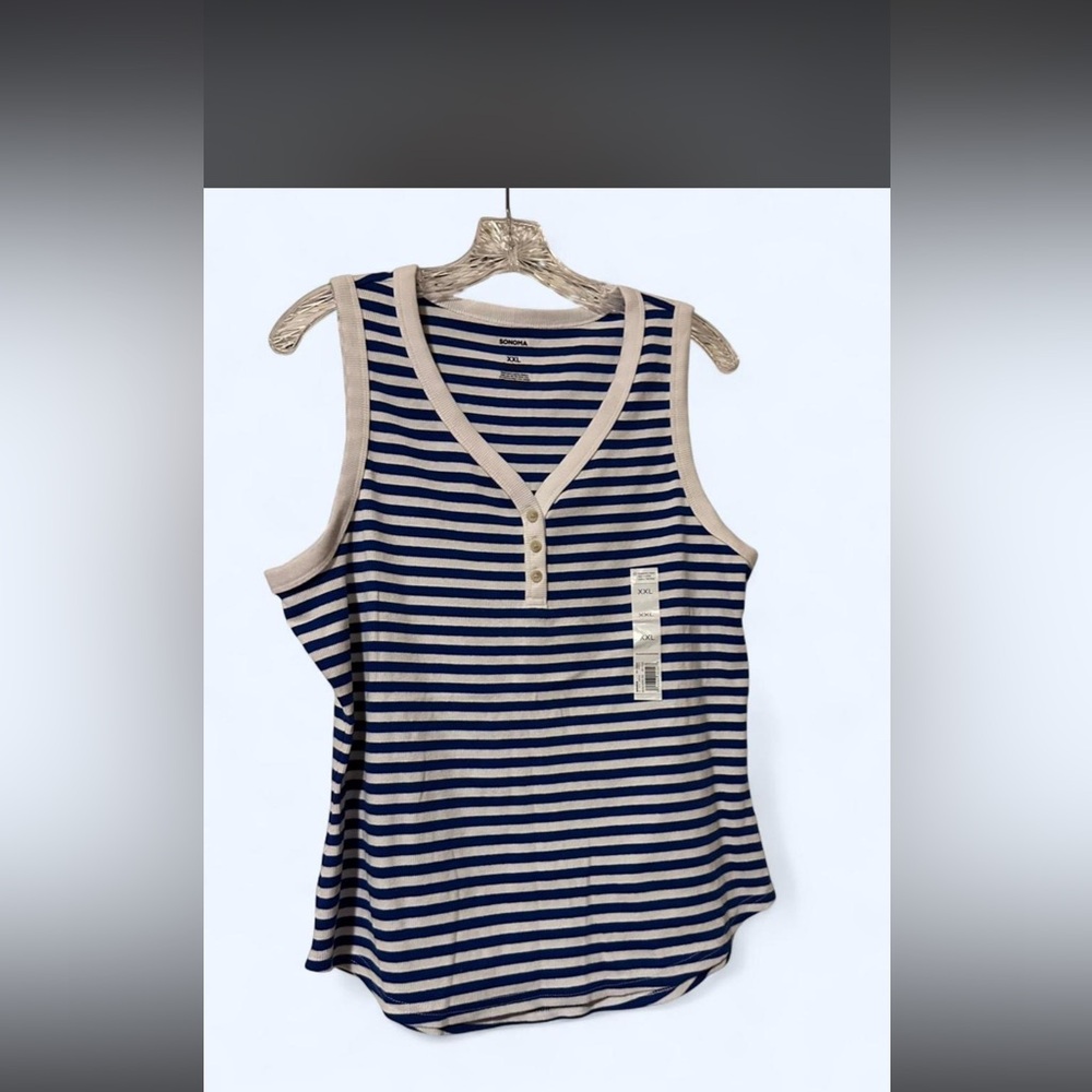 Sonoma Women's dark blue and white Striped Henley button from Tank Top NWT